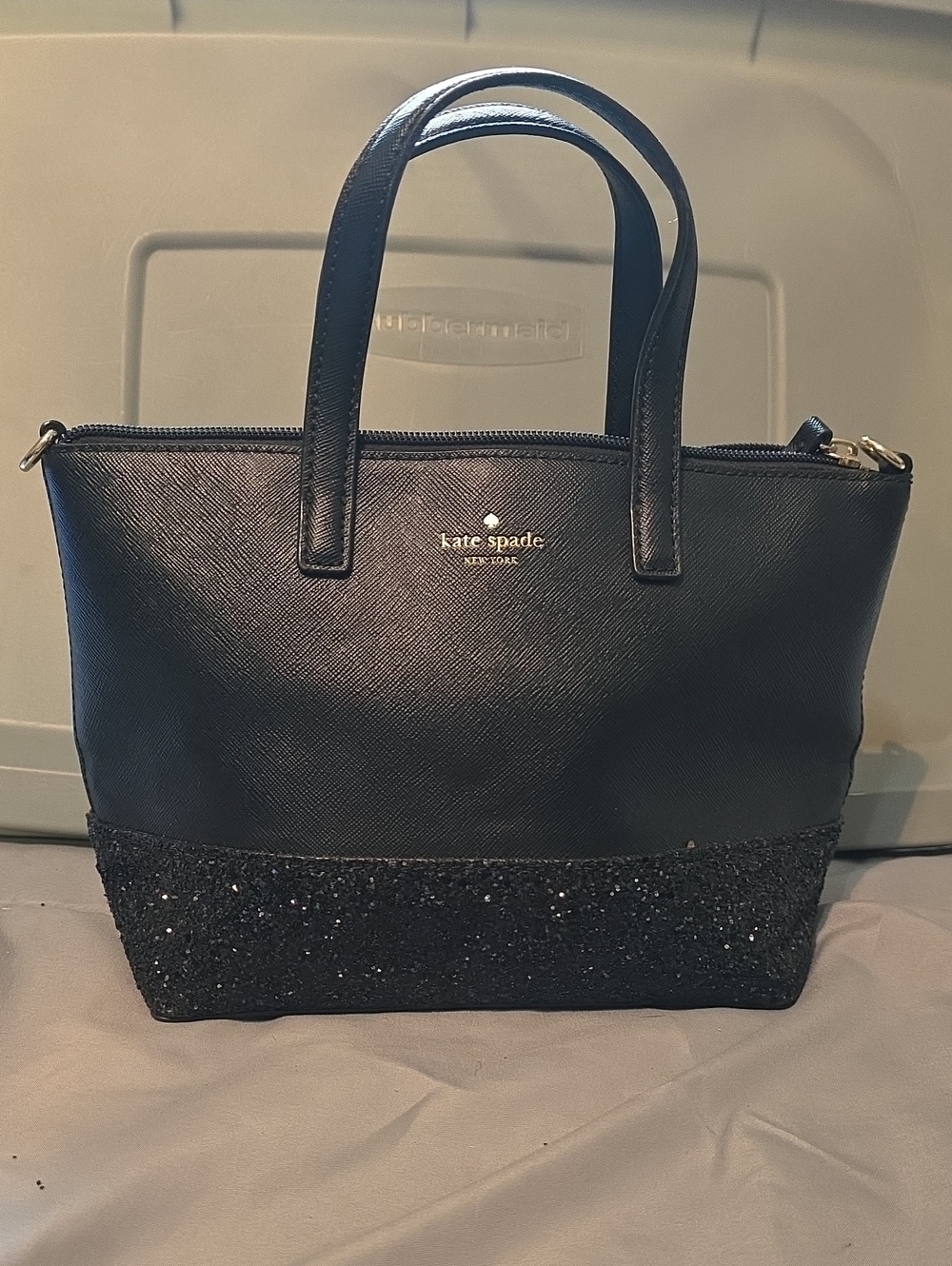 kate spade black tote with glitter-accent base